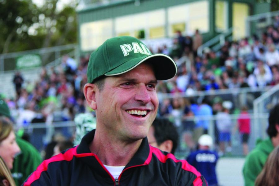 Paly+alum+and+San+Francisco+49ers+head+coach+Jim+Harbaugh+makes+a+guest+appearance+at+Palys+home+opener+versus+San+Benito.