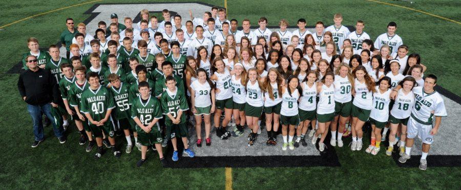 The boys’ and girls’ lacrosse teams pose together for a team photo at the end of the 2012-2013 season.