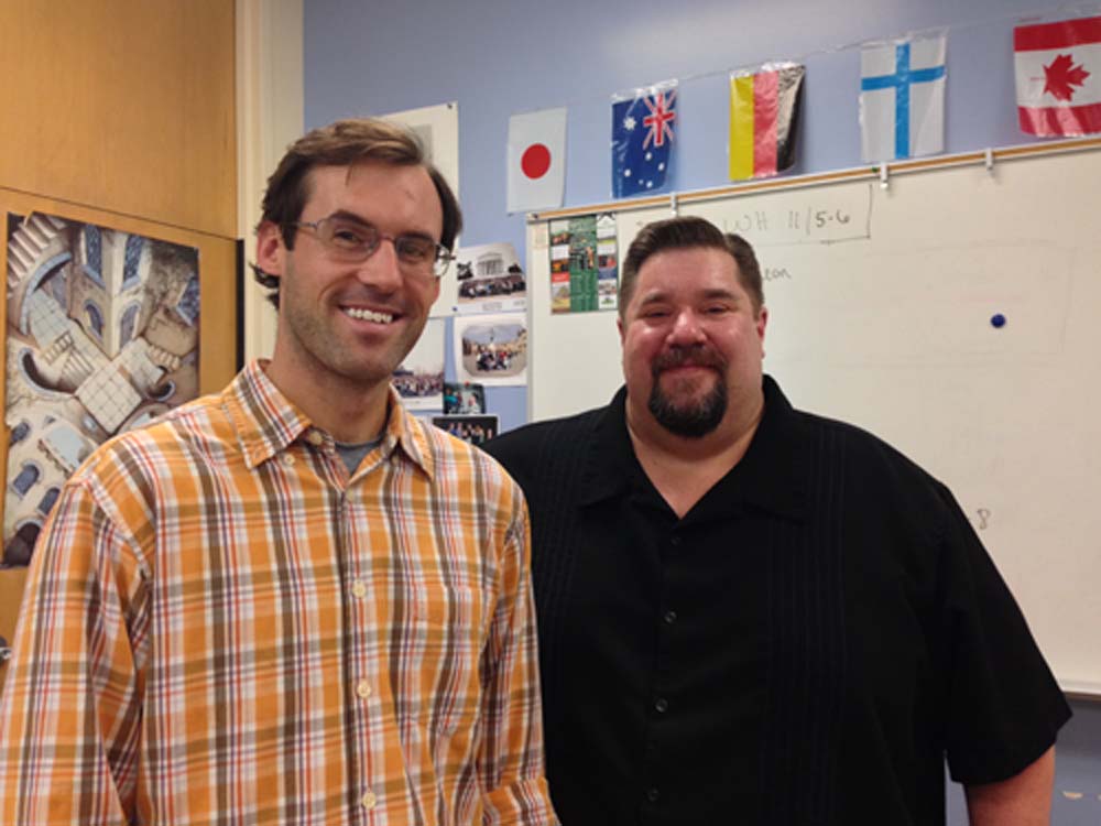 RIGHT:  Social science and history teacher Chris Farina and special education teacher John Mackey take advantage of being able to co-teach .  They believe that this policy has greatly benefitted their students.