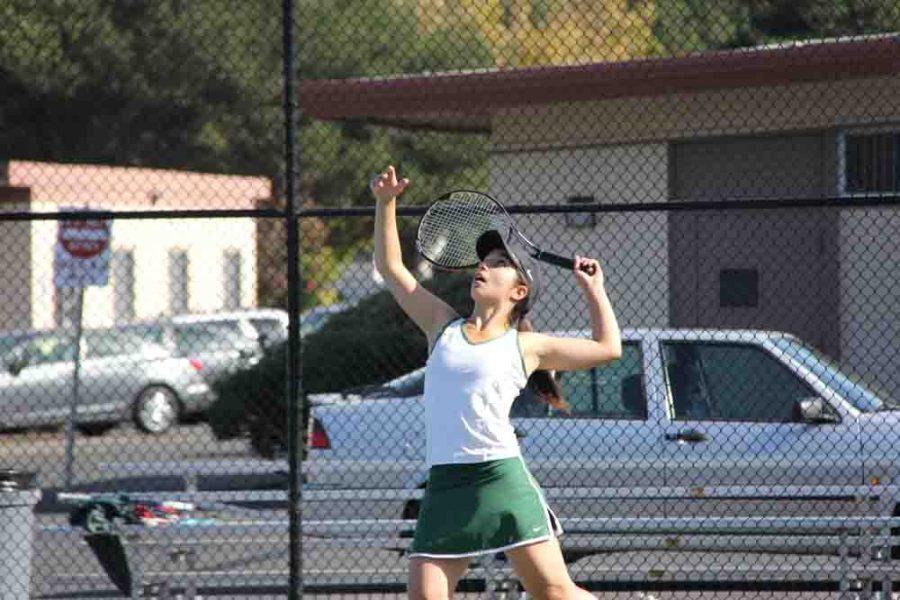 Senior+tennis+player+Caroline+Nore+serves++the+ball+during+a+win+over+rival+Monta+Vista+High+School.