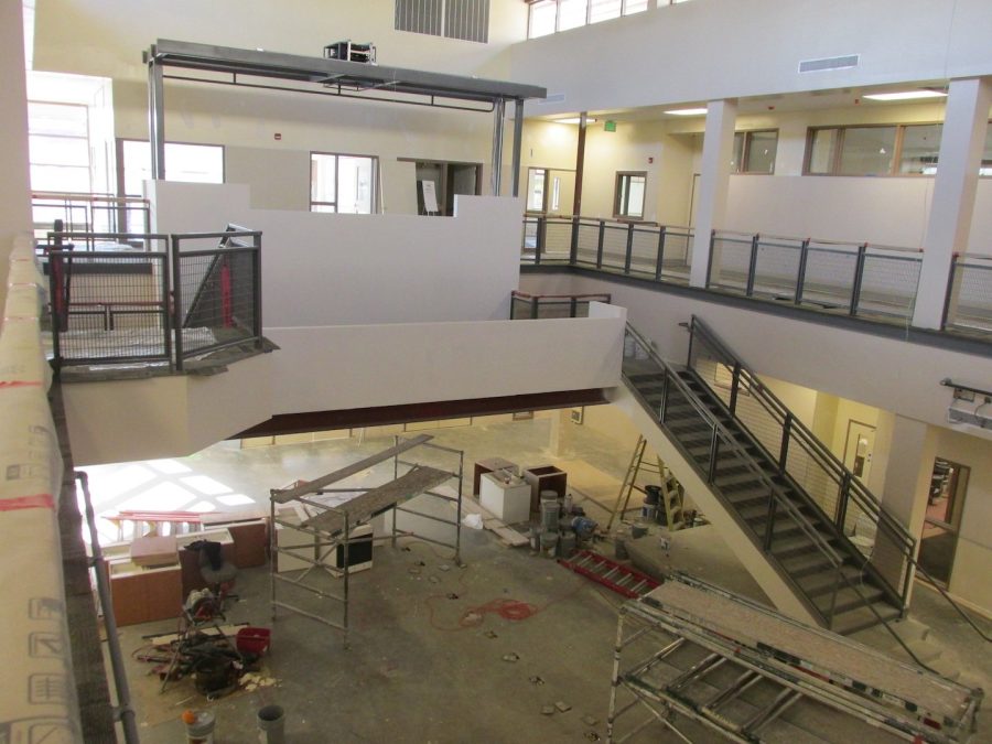 The view from the second floor looking down on the mezzanine and atrium.