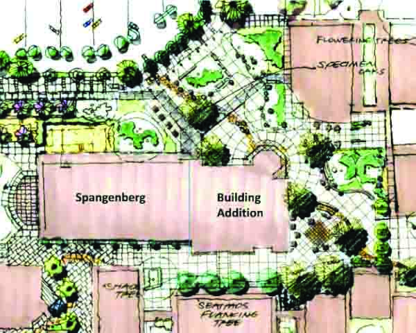 The design for the addition to Spangenberg Theatre is currently in process, but the current sketch of the building would have a new lobby for the theatre and more trees at the entrance. The addition will also have music classrooms for the music program.