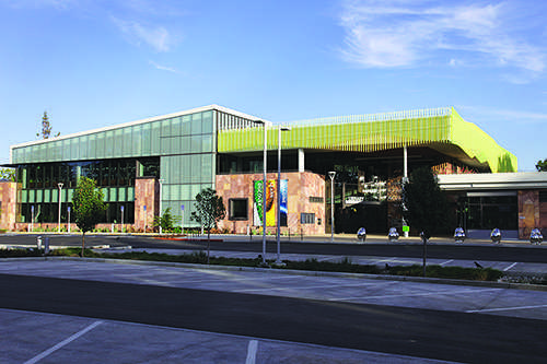 The exterior of the new Mitchell Park Library, featuring an entirely eco-friendly design. 