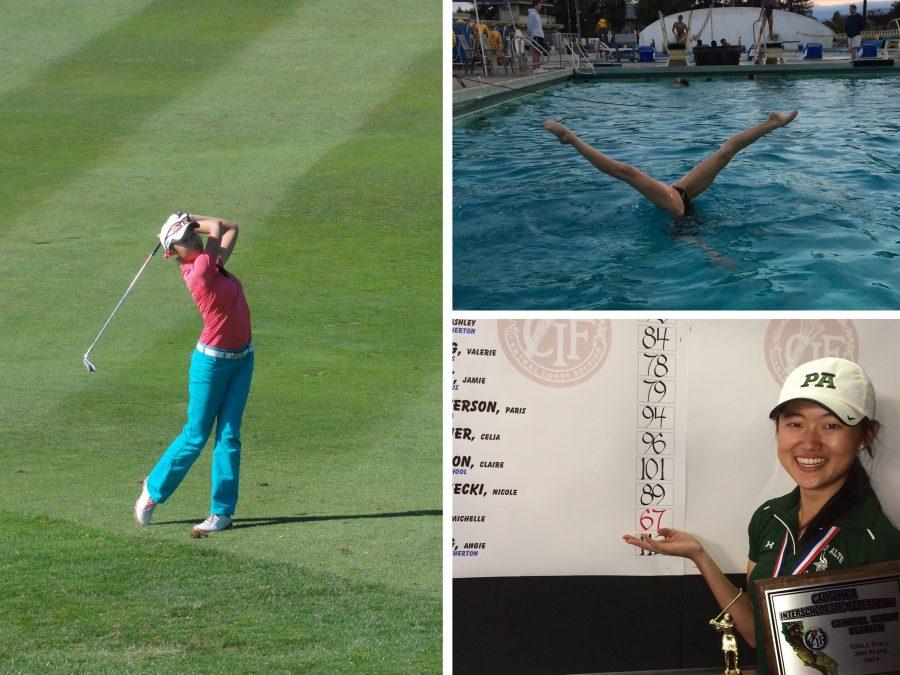 Left: Golfer Michelle Xie maintains her flawless form and and concentrated expression after successfully hitting the golf ball across the course. Upper right: Synchronized swimmer Elle Billman strikes an impressive split while half submerged under the water during a synchronized swimming practice. Lower right: Michelle Xie proudly displays her third place award and 67th ranking in the Central Coast girls golf section. 