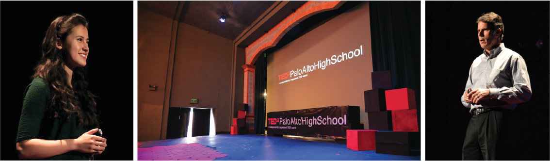 Speakers from last year’s conference, including junior Sylvia Targ (left) and volunteer football coach Steve Bono (right), captivated audiences with their speeches at the conference organized by TedXPaloAltoHighSchool.