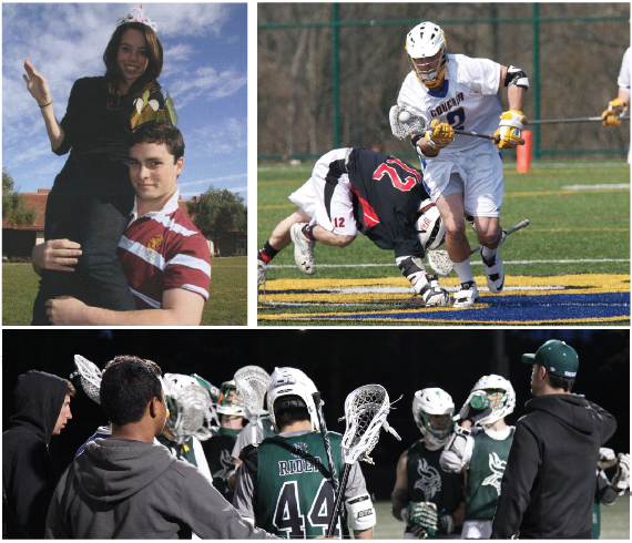 Left: Shelton is recognized as the “Biggest Drama King” in the 2008 edition of the Paly Madrono. Right: During his time at Goucher College, Shelton drives down the field after a winning face-off during a lacrosse match. Bottom: Paly’s lacrosse coach D.j. Shelton talks to the boys varsity team during practice, as the boys take a water break. Shelton has been coaching at Paly, the high school he graduated from in 2008, since the 2014 lacrosse season.
