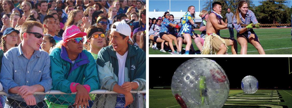 Left: Seniors Henry Gordon, Bradley Brewster and Andrew Cho cheer during the first rally in 90s attire. Top right: Juniors Katie Passarello and Albert Hwang participate in tug-of-war, ultimately placing third, during Salad Dressing day. Bottom right: Students participate in a hamster ball race during Paly’s first ever night rally held on Oct 21.
