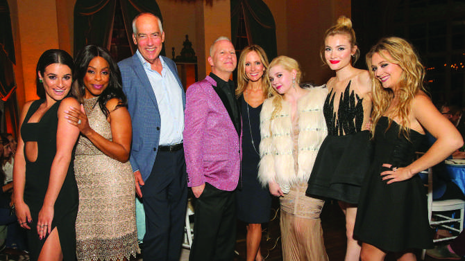 Director Ryan Murphy, fourth from the left, poses with fellow cast members from his latest television creation, “Scream Queens.” 