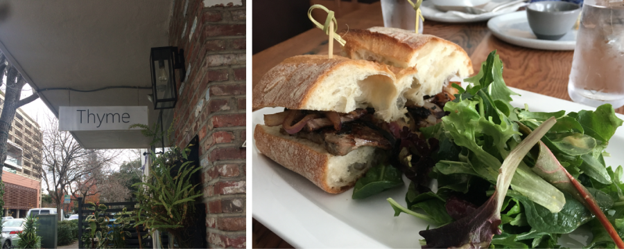 Left: Thyme’s storefront on the corner of Hamilton Avenue and Cowper Street. Right: Thyme’s steak sandwich with grilled onions is accompanied by a simple green salad.

Maggie Rosenthal/The Campanile