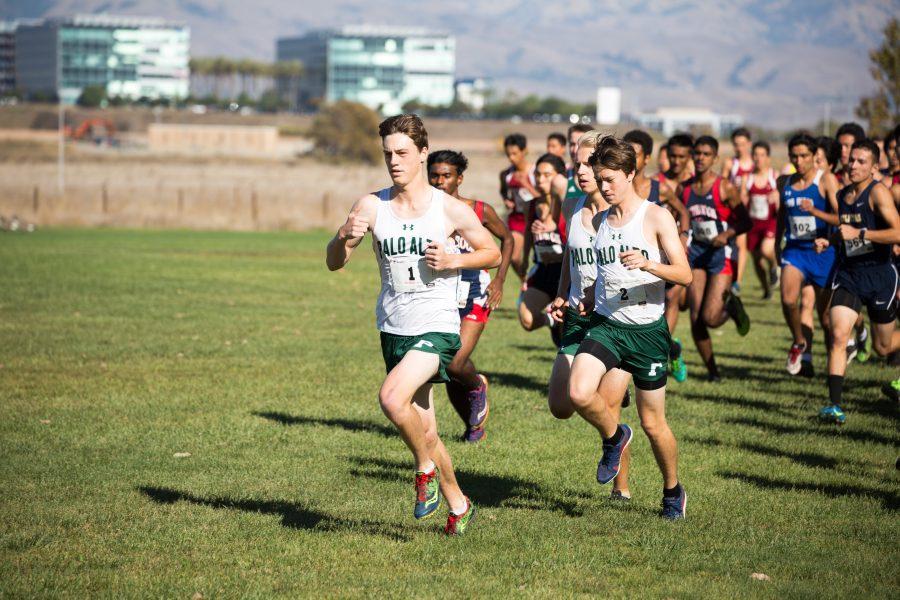 Senior Kent Slaney leads Paly during the third SCVAL meet of the year at Baylands.