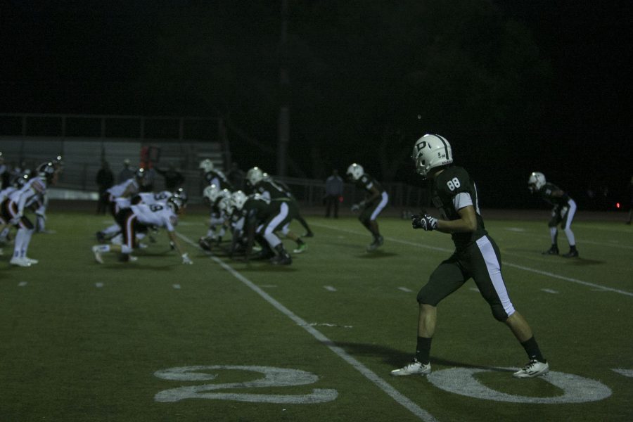 Wide receiver Nick Smallwood (#88) lines up against the Los Gatos High School Wildcats. The Vikings ended the night with a loss.