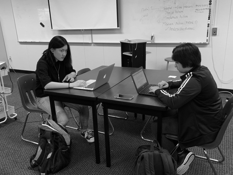 Exploring alternative options. Junior Emily Cheng and Aarti Malhotra are working on their research topics during AAR. Eighth period classes allow students to pursue their unique interests in a variety of areas. “My project is basically trying to understand the role of CT47 biomarker in brain cancer,” Malhotra said.
