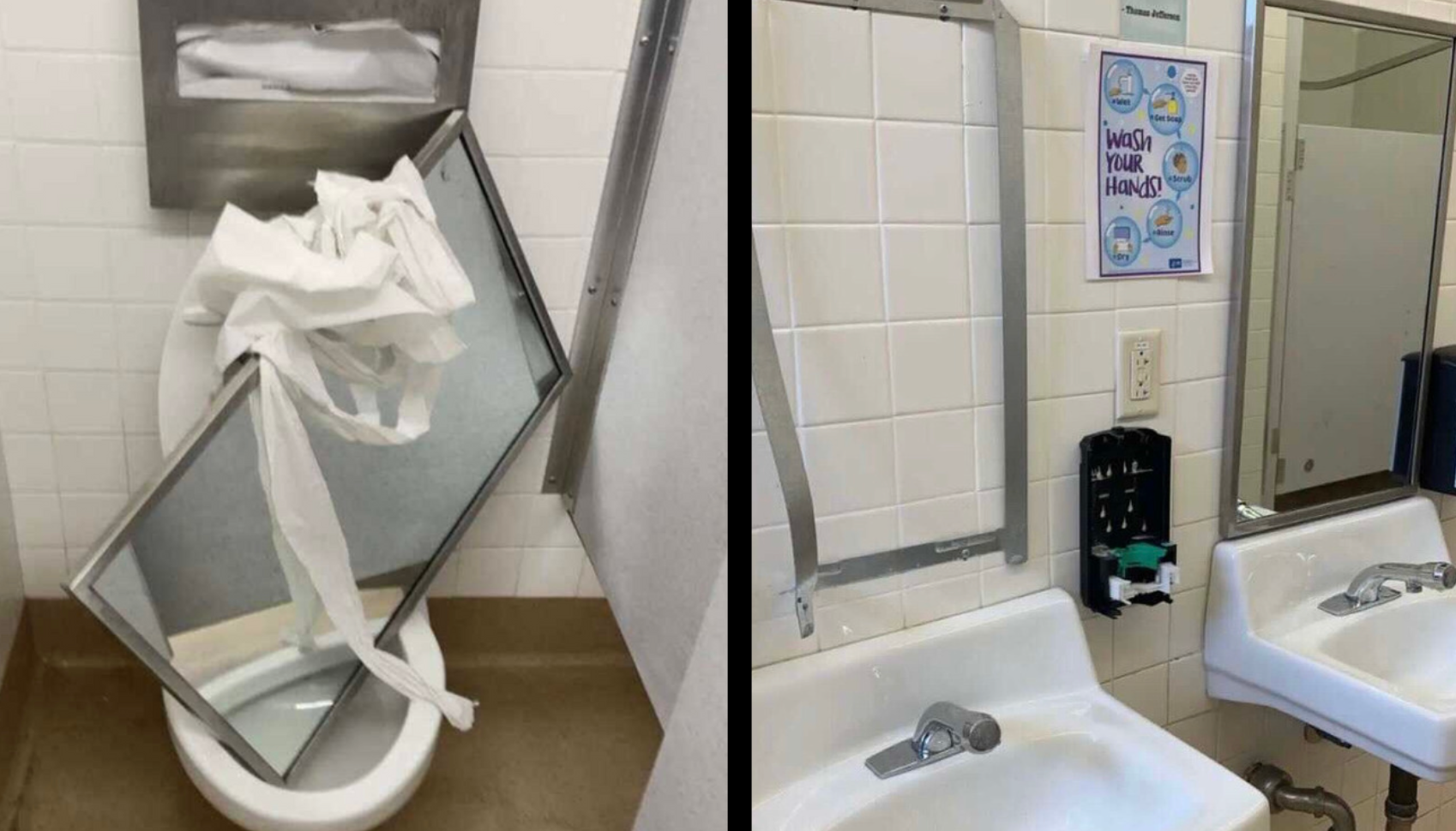 Paly bathroom mirrors were vandalized and removed this week. Photos by Nikhil Majeti