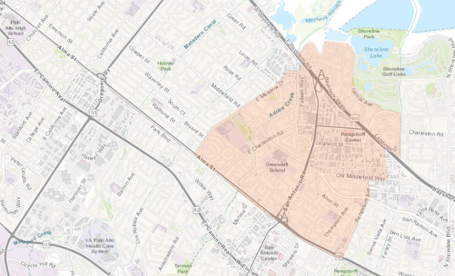 A map of Palo Alto and Mountain View highlights the area inhabited by West Nile mosquitoes. Image from County of Santa Clara, Bureau of Land Management