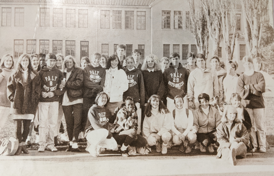The Paly staff of 1987 gather for a photo at the tower building. Photo courtesy of Natalie Docktor.