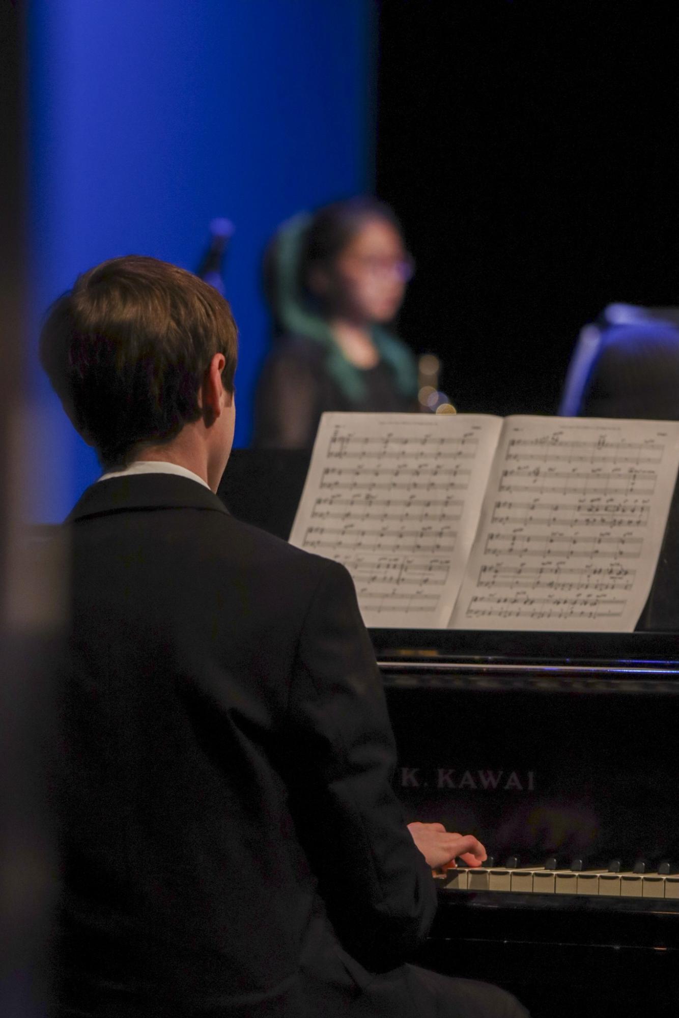 Sophomore Jesse Spain plays the piano during the orchestra’s final concert of 2023 at the Performing Arts Center. “When we’re playing in orchestra, Tchaikovsky or Mahler were my main inspirations,” Spain said.
