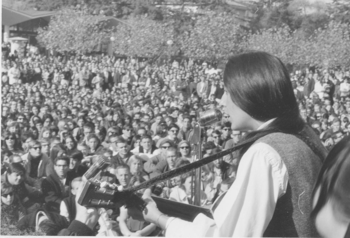 Paly grad Joan Baez performs at UC Berkeley’s Sproul Hall during the Free Speech Movement in 1966. “I know I’ve always been the happiest when I’ve been wearing both hats: doing activism and non-violence work, and music,” Baez said.
