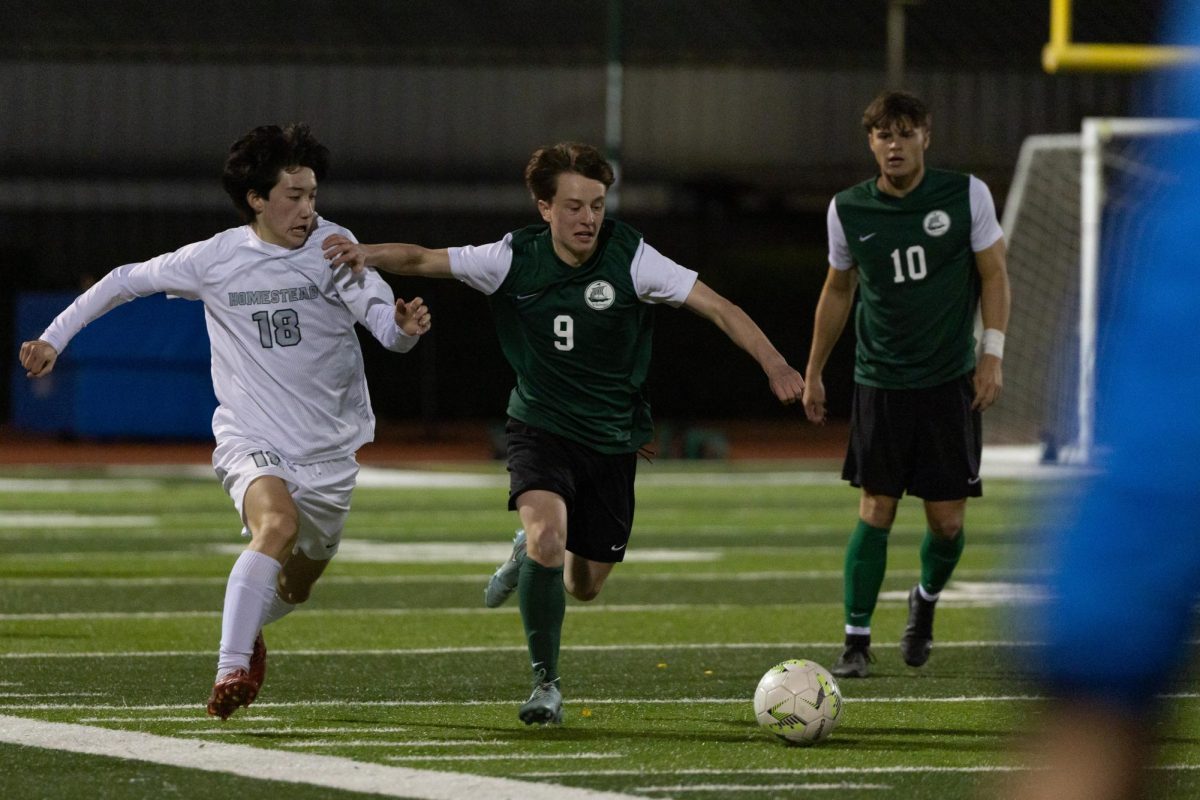 Senior Finnegan Schoebel beats his defender in the opening minutes of senior night against
Homestead. Family and community showed up to the game in support of the seniors. "Over the
years, I've definitely noticed more of my friends in Palo Alto seem to pay attention to soccer, "
Schoebel said."Now here, it seems like one of the most dominant sports that is being played."