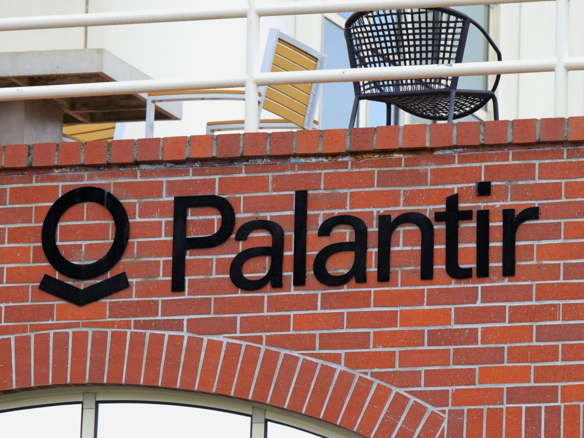 PRESENCE: Palantir’s logo faces Hamilton Avenue on the side of its office in downtown Palo Alto. This location, dubbed The Shire, a reference to the fantasy series “The Lord of the Rings,” was the company’s headquarters for 17 years, starting in 2003. The name Palantir is also a “The Lord of the Rings” reference. The company’s headquarters moved to Denver in 2020, and it has recently come under scrutiny for its role in selling surveillance technology to the US government.